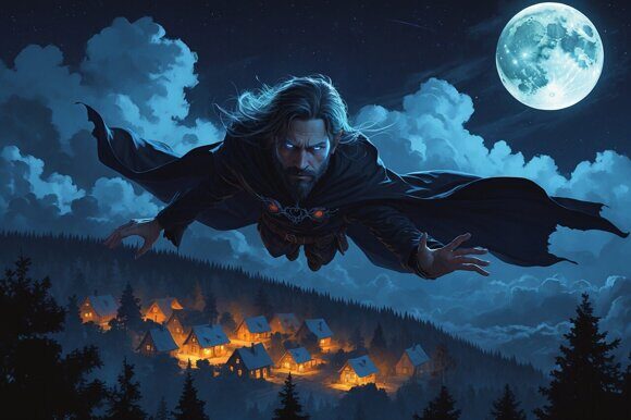 Ночной полет Ночной полет. Колдун в небе. Рисует нейросеть. Leonardo AI