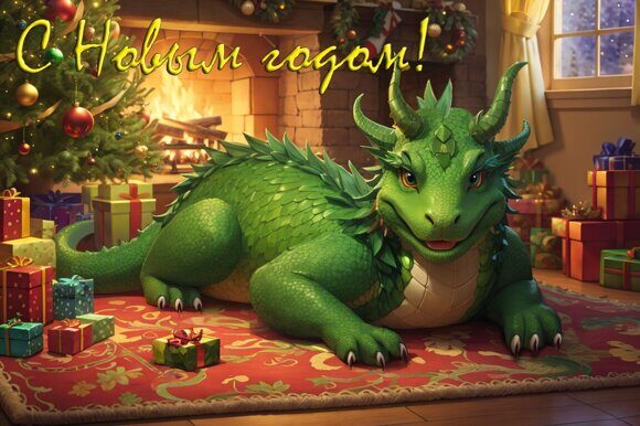 Дракон на коврике 1 Дракон на коврике 1. Новогодняя открытка. Рисует нейросеть. Leonardo AI