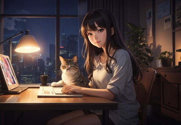 Уютный вечер Уютный вечер. Девушки в стиле аниме. Повседневность. Рисует нейросеть. Leonardo AI