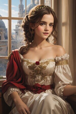 Девушка с розами 2 Девушка с розами 2. Реализм. Эмма Уотсон. Рисует нейросеть. Leonardo AI