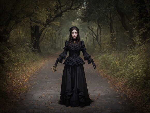 Тёмная графиня 1 Тёмная графиня 1. Девушка-вампир в заброшенном парке. Рисует нейросеть. Leonardo AI