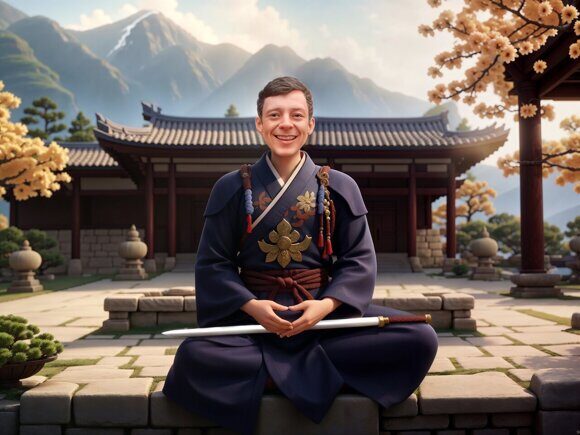 Воин в восточном монастыре Воин в восточном монастыре. Картина по фотографии. Стиль 3D-анимации. Рисует нейросеть. Leonardo AI