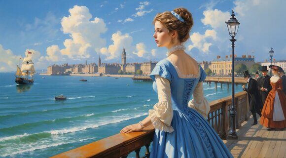 Девушка на пристани Девушка на пристани. В стиле Джеймса Тиссо. Рисует нейросеть. Leonardo AI